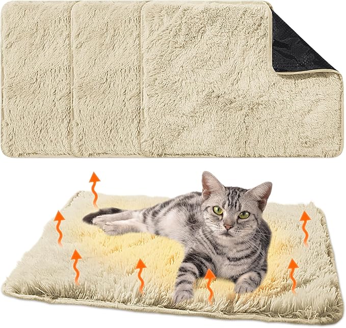 Drydiet 4 Pack Self Warming Cat Pad Self Heating Cat Mat Thick Faux Fur Plush Pet Bed Thermal Washable Dog Mat Anti Slip Bottom for Outdoor Indoor Pets(Camel,16" X 20")