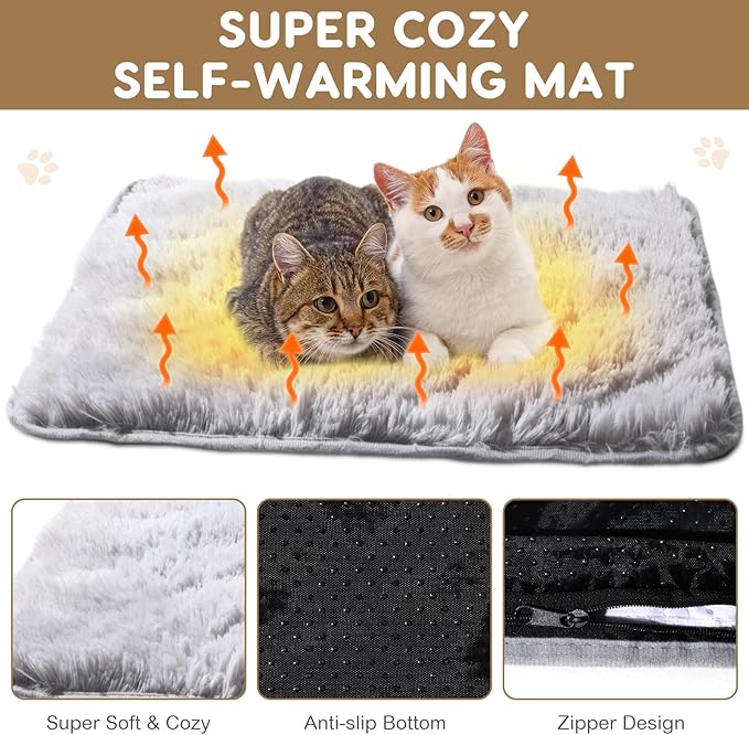 Drydiet 4 Pack Self Warming Cat Pad Self Heating Cat Mat Thick Faux Fur Plush Pet Bed Thermal Washable Dog Mat Anti Slip Bottom for Outdoor Indoor Pets(Grey,18" X 24")