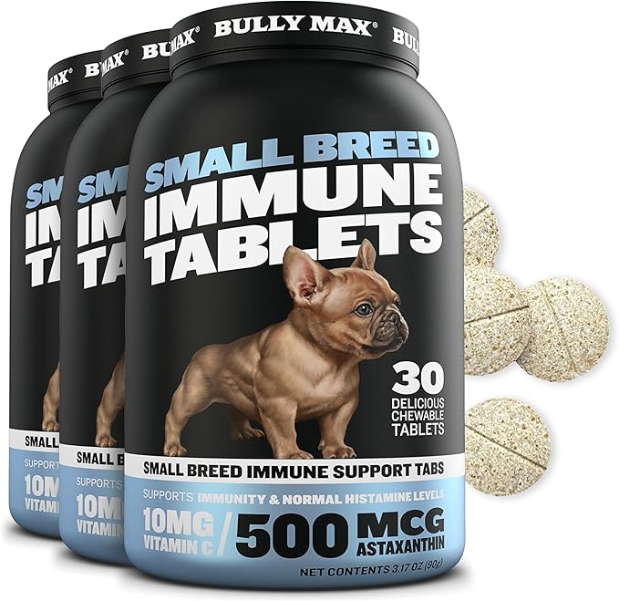 Bully Max Small Breed Dog Immune Support Tablets - Chewable Multivitamin Immunity Booster Supplement for Puppy & Adult Dogs - Pet Vitamins with Astaxanthin, Colostrum, Turmeric - 30 Tabs (3 Bottles)