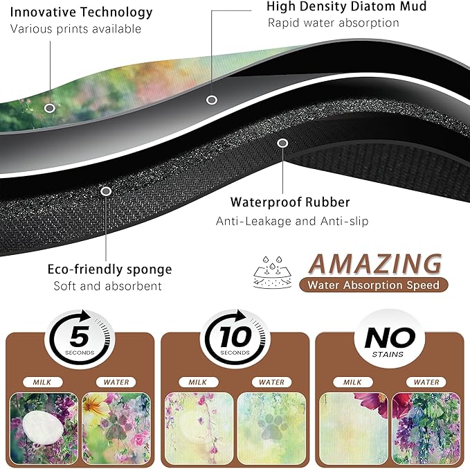 Abstract Spring Flowers Dog Food Mat for Floors,Blossom Ivy Colorful Absorbent Pet Food and Water Bowl Mats,Non-Slip Pet Feeding Mat,Pet Supplies 16" x 24"