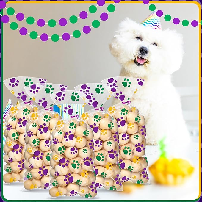 Blulu 100 Pieces Dog Treat Bags Puppy Party Favor Pet Paw Cone Cellophane Bags Candy Heat SealableDog Paw Gift with 100 Pieces Silver Twist Ties for Pet Cat Treat Party Favor(Carnival Colors)