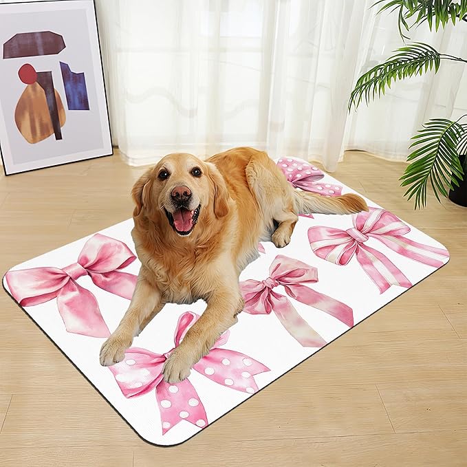 Pink Bows Dog Cat Food Mat–Christmas Stocking Absorbent Waterproof Placemat for Food and Water Bowls, Non Slip Rubber Backing, Feeding Mat for Clean Floors 16"x24"