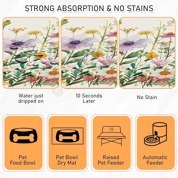 Dog Cat Food Mat - Absorbent Anti Slip Dog Bowl Mats for Food and Water, Quick Dry Cat Feeding Matts for Floors, Diatomite Pet Dish Placemat Accessories Supplies, Wildflower Style, 12 * 20in