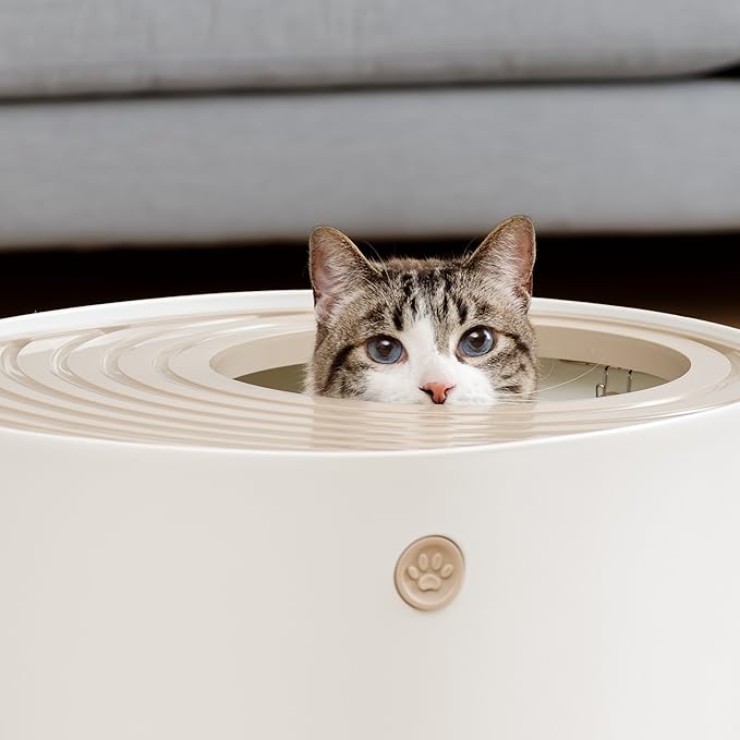 IRIS USA Cat Litter Box, Large Top Entry with Litter Catching Lid and Scoop, Dog Proof, Cat Box Enclosure, Beige/White