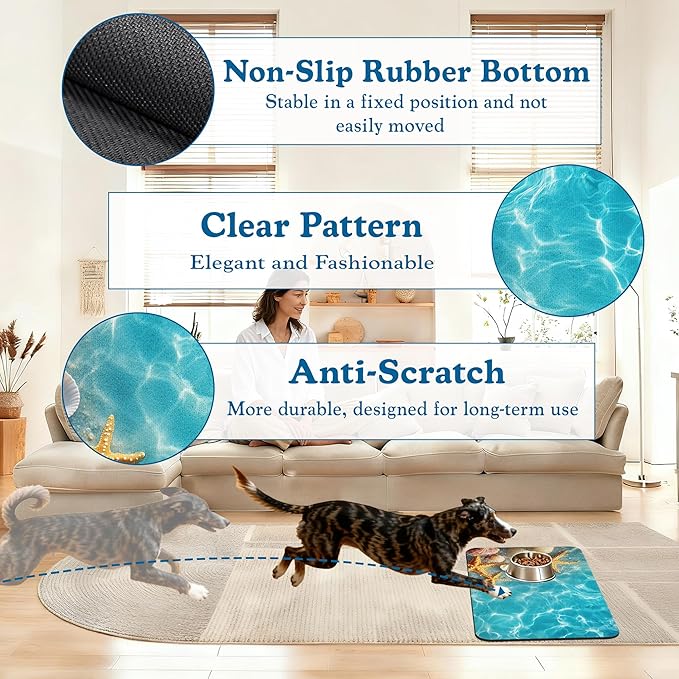 Starfish Seashell on Beach Pet Feeding Mat for Floors–Christmas Stocking Absorbent Quick Dry Dog Cat Bowl Mat for Food and Water, Non Slip Waterproof Base, Mess-Free Feeding Accessories 12"x20"