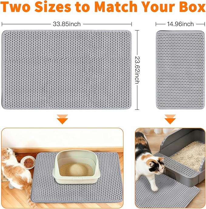 Large Cat Litter Box Mat for Cats, Double Layer Honeycomb Cat Litter Trapping Mats, Waterproof, Urine Proof,Non-Slip Litter Pad for Indoor Kitty Cat Litter Mat, Easy to Clean Grey (33.8'' x 23.6'')