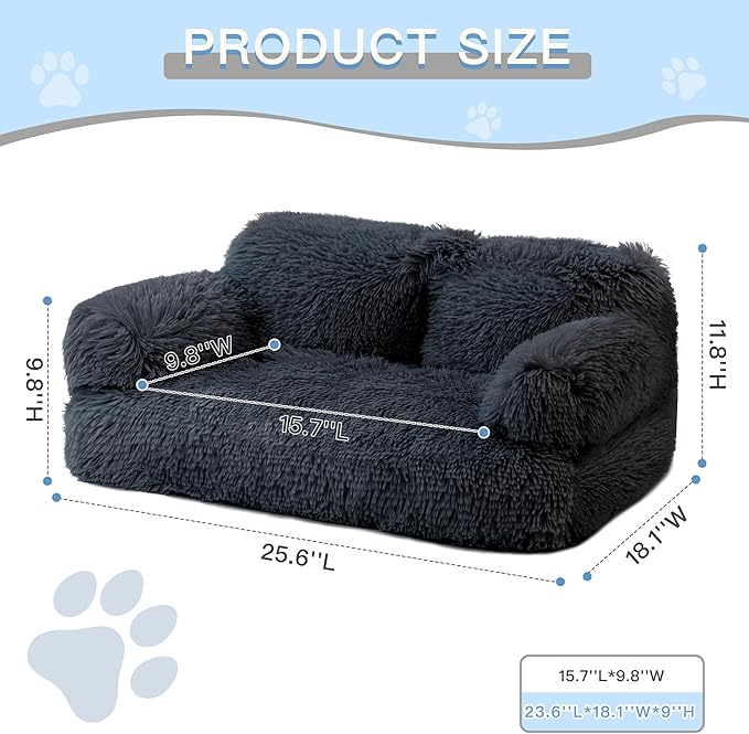 Plush Cat Couch Bed - Cat Bed for Indoor Cats, Dog Sofa Bed, Long Plush Calming Pet Couch with Removable Cover, Anti-Anxiety Pet Sofa for Small/Medium Pets (26×18×12in, Dark Gray)