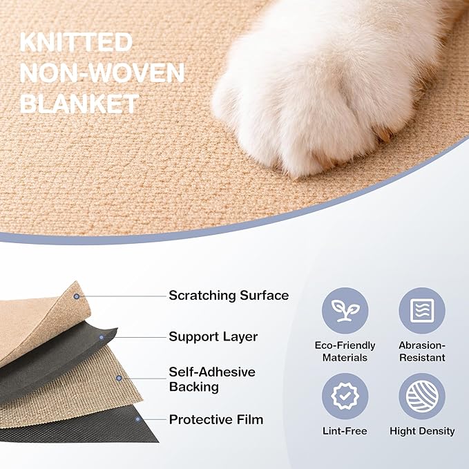 2 Pack Cat Scratcher Mat Roll for Furniture & Couch Protection | Total 157.5" x 15.8" Trimmable Self-Adhesive Carpet Cat Scratch Pad Replacement (Khaki)