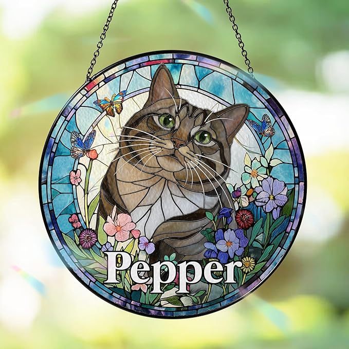 Custom Cat Dog Portrait Art Suncatcher Stained Glass Window Hanging Remembrance Gift Indoor Decor Dog Bereavement Keepsake Loss of Pet Sympathy with Name Date Portrait
