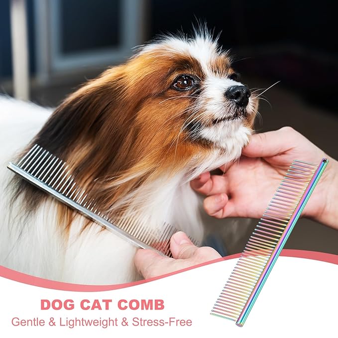 Dog Cat Comb, Pet Combs Stainless Steel Teeth with Rounded Ends for Knots Mats Loose Hair Removal, 6.5IN (Colorful Plated, 3 Pack), Grooming Tool Intended for Long Curly Hair Pet