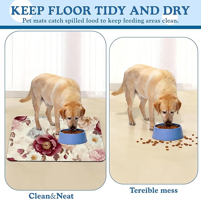 Vintage Floral Rose Pet Feeding Mat–Christmas Stocking Quick Dry Absorbent Dog Cat Food Mat, Non Slip Waterproof Bowl Placemat for Messy Eaters, Pet Accessories for Floors 16"x24"