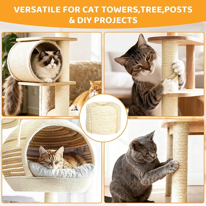Natural Sisal Rope for Cat Scratcher Tree Thick 5-mm 1/5 Inch by 100 Feet, Cat Tower Climbing Twine for Cat Scratching Post Replacement, Scratch Post Repairing, Replace, Recovering and DIY, White