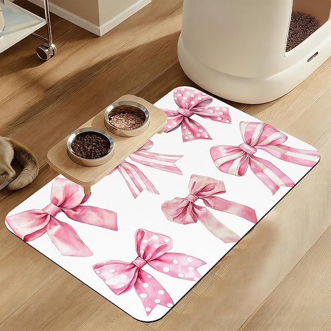 Pink Bows Dog Cat Food Mat–Christmas Stocking Absorbent Waterproof Placemat for Food and Water Bowls, Non Slip Rubber Backing, Feeding Mat for Clean Floors 16"x24"
