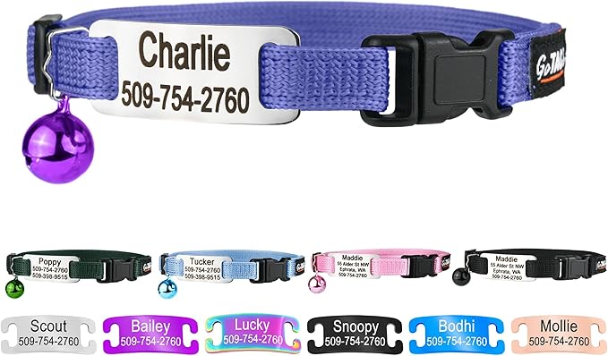 GoTags Personalized Cat Collars with Tag, Engraved Custom Cat Collar with Name and Phone, Breakaway Collar with Safety Buckle and Bell, Adjustable for Cats and Kitten (Lavender with Nameplate)