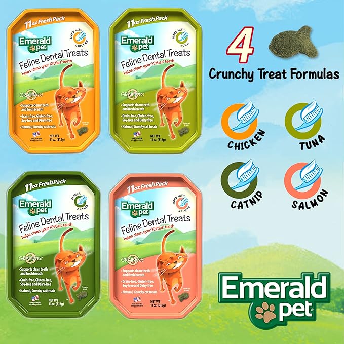 Emerald Pet Grain-Free Cat Dental Treats with Chicken – Crunchy Natural Dental Treats for Cats to Clean Teeth, Freshen Breath, and Reduce Plaque & Tartar – 11 oz Tub