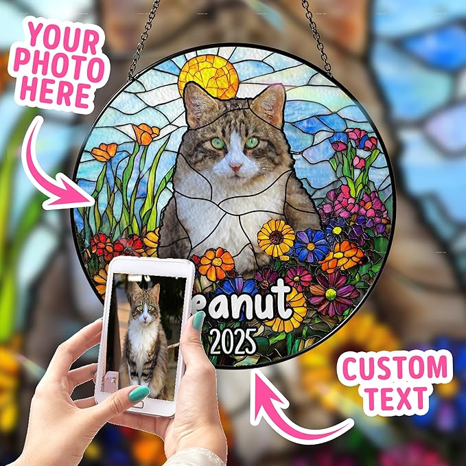 Custom Dog Portrait Art Suncatcher Stained Glass Remembrance Gift Indoor Decor Window Hanging Cat Bereavement Keepsake Loss of Pet Sympathy with Name Date Portrait Gifts