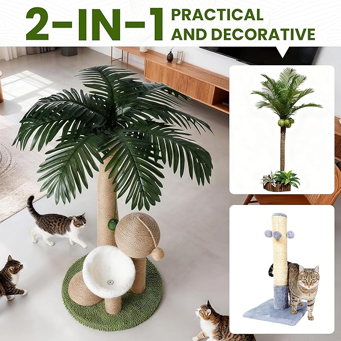 43 Inches Tall Cat Scratching Post for Large Cat, Coconut Tree Shaped Sisal Scratcher for Indoor Cat with Pompoms