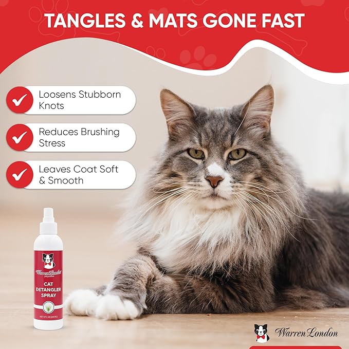 Warren London Cat Detangler Spray Bundle with Pin Brush for Matted Hair | Leave in Conditioner Pet Detangling Spray That Demattes & Refreshes | 8oz w/Pin Brush
