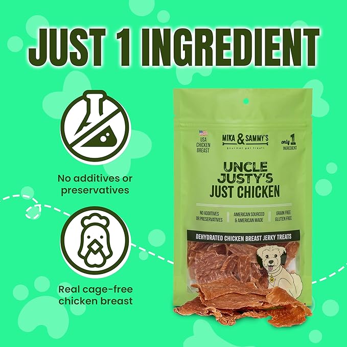 Mika & Sammy's Gourmet Jerky Dog Treats Made in The USA. (Uncle Justy's Just Chicken 5 0z)
