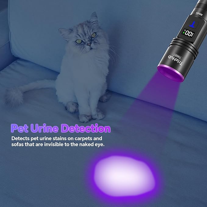 365nm Black Light Flashlight, UV Flashlight Rechargeable with LCD Display, Powerful Ultraviolet Lights for Pet Urine Detection, Resin Curing, Rockhounding, Scorpion, Uranium Glass, A/CLeak