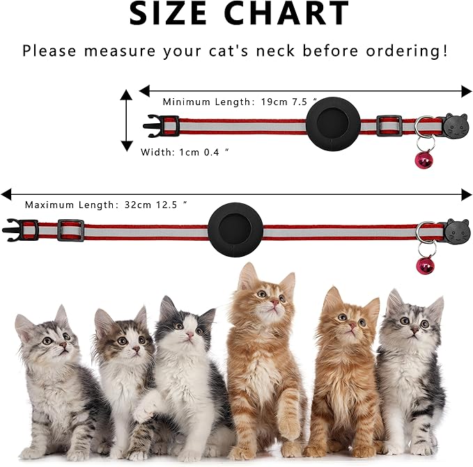 Cat Collar with Air Tag Holder, Reflective Kitten Collar with Bell, Breakaway Airtag Cat Collar for Boys Girls Cats, GPS Tracker for Cats 0.4’’ Width Adjustable Safe Kitty Collar, Red