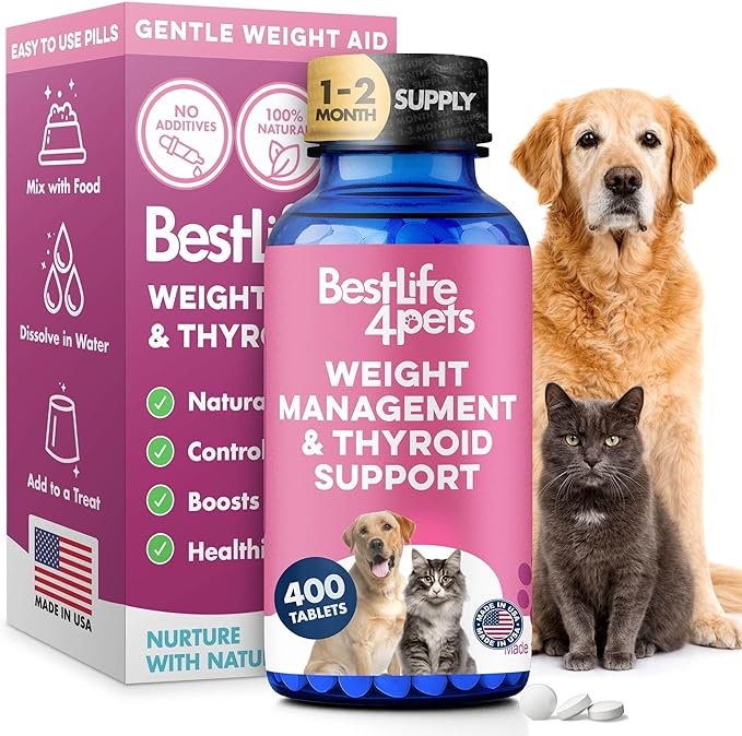 Weight & Thyroid Support for Dogs and Cats, Natural Solution for Hunger Control, Metabolism Support, Optimal Thyroid Function, Effective Dog & Cat Weight Loss, 400 Odorless, Tasteless Pills