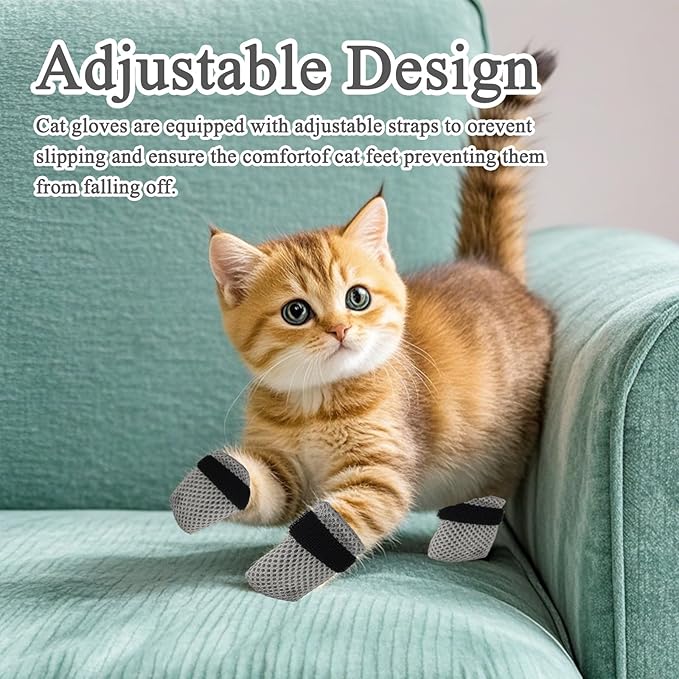 4 PCS Cat Mittens to Prevent Scratching, Adjustable Cat Booties to Prevent Scratching, Breathable Mesh Shoes, Prevent Scratches, Suitable for Bathing, Feeding and Nail Trimming (Grey)