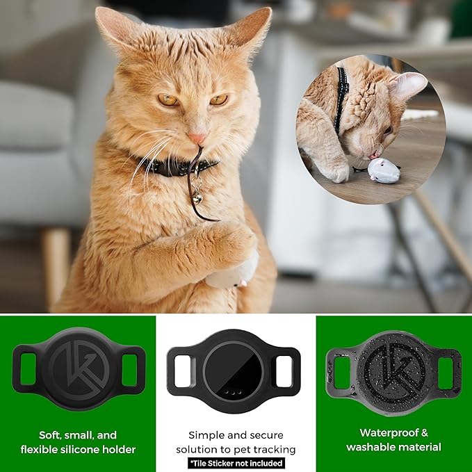 Tile Sticker Holder Cat Tracking Collar (2024) - Breakaway, Reflective Kitten Collar with Bell and Holding Case for Tile by Life360 (Black)