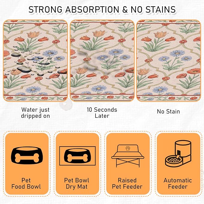 Dog Bowl Mat for Food and Water - Hamdwerk Absorbent Anti Slip Cat Feeding Mats for Floors, Quick Dry Pet Dog Feeding Matts, Diatomite Pet Dish Placemat Supplies, Vintage Floral Style, 12 * 20in