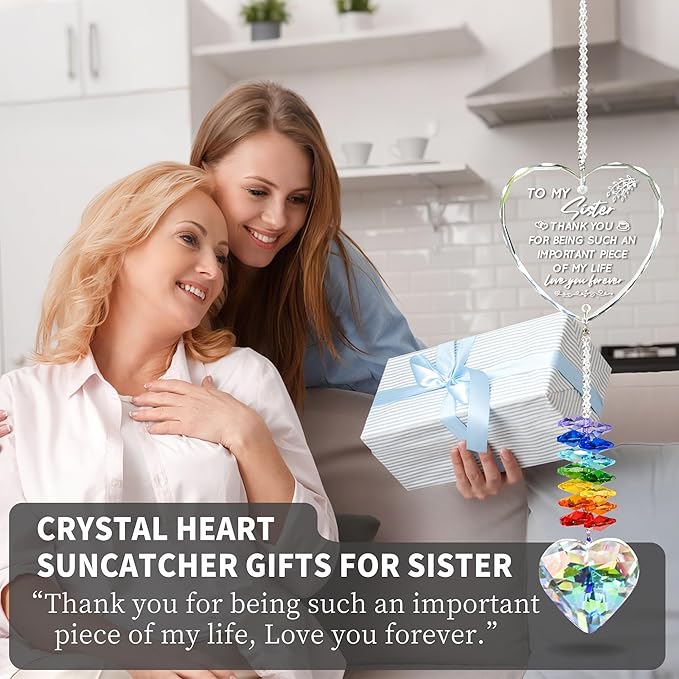 Suncatcher Gifts for Sister, Personalized Crystal Heart Ornaments Hanging for Windows, Cool Garden Gifts for Sister Birthday