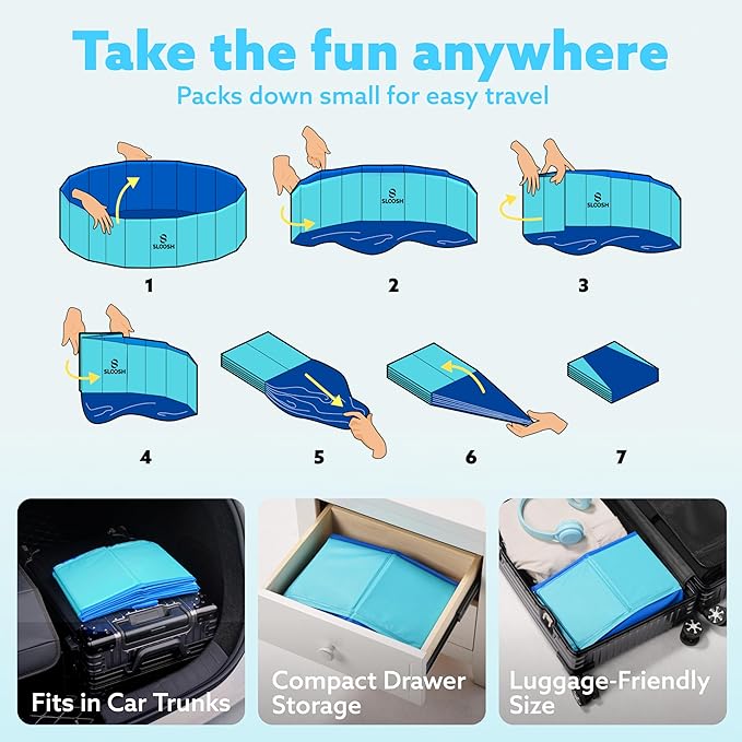 SLOOSH Foldable Dog Kiddie Pool - Portable Hard Plastic Doggie Swimming Pool, Anti-Slip Collapsible Pets Bath Tub Suitable for Kids Indoor Outdoor Backyard Use (Blue, 48" x 12")