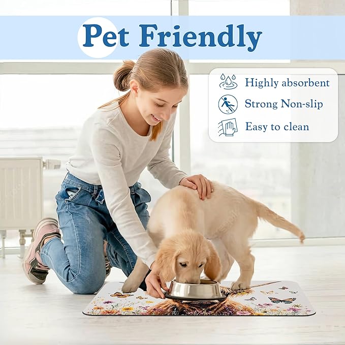 Highland Cow Butterfly Dog Food Mat–Christmas Stocking Absorbent Quick Dry Feeding Placemat for Food and Water Bowls, Non Slip Rubber Backing, Waterproof Pet Supplies for Mess-Free Eating 16"x24"