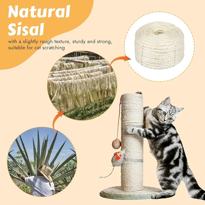 164 Feet Sisal Rope for Cat Scratching Post, 4 mm Natural Cat Tree Rope, DIY Hemp Twine Rope for Repairing, Recovering Scratch Post Cats Tree Tower Replacement (White)