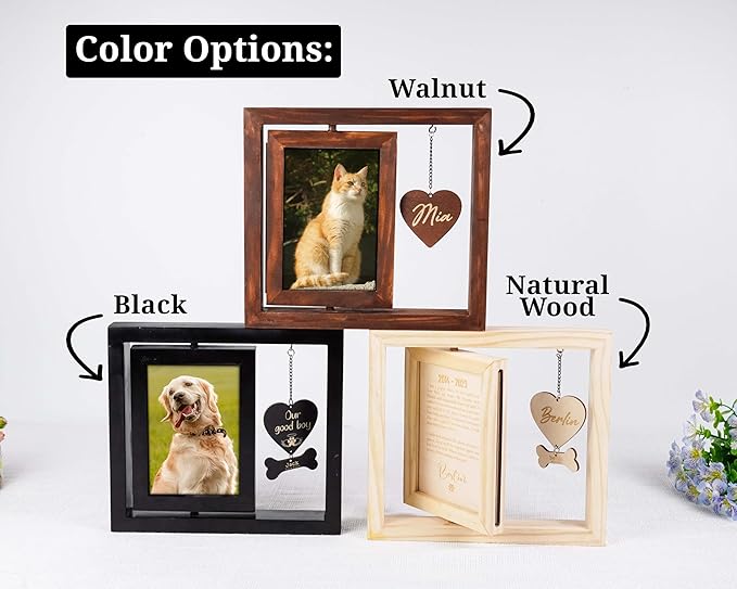 Personalized Wooden Rotating Pet Picture Frame for 4x6 Photo, Memorial Gift for Loss of Dog Cat, Rainbow Bridge Pet Hair Keepsake Fur Jar, In Loving Sympathy Pet Frame, Animal Loss Gift Passed Away