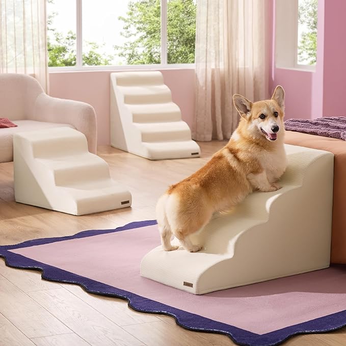 Lesure Dog Stairs for Small Dogs Pet Steps Ramp for High Bed and Couch with CertiPUR-US Certified Foam with Non-Slip Bottom, Beige, 4 Steps