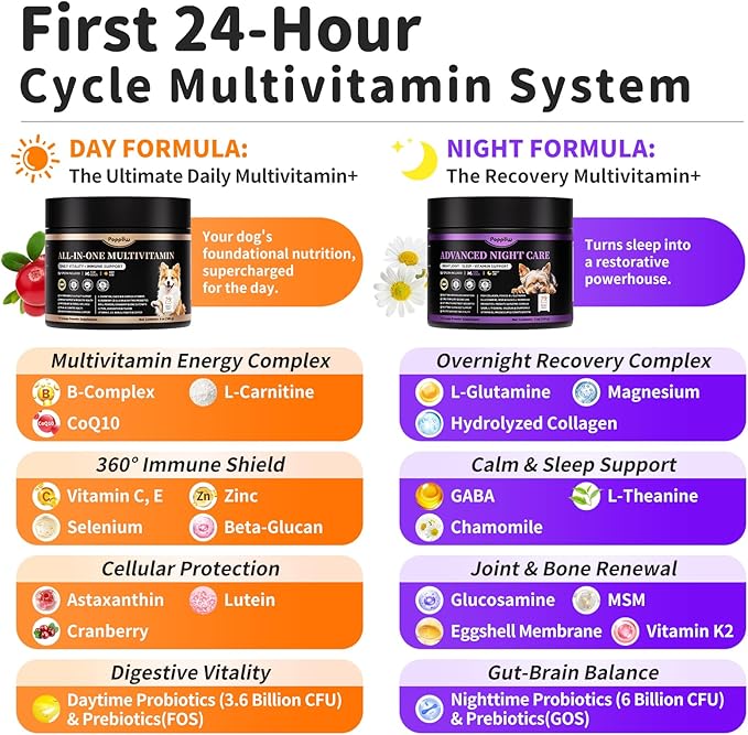 25-in-1 Dog Vitamins and Supplements - Day & Night 2 Pack - Dog Multivitamin Powder with Collagen, Glucosamine, Probiotics - Joint, Gut, Calm, Skin & Immune Support, Chicken Flavor, 150 Scoops