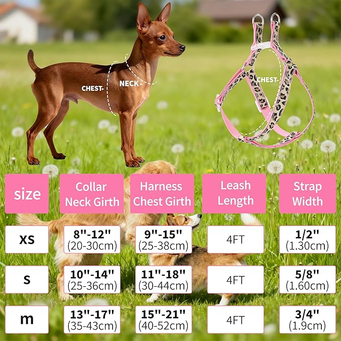Mile High Life Leopard Dog Harness Collar Leash Set, Adjustable No Pull Dog Halter Harness for Small Breed Dogs, Easy Control for Training Walking (Pink, M Chest 15"-21", Neck 13"-17")