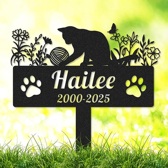 Personalized Cats Memorial Grave Marker Custom Metal Flowers Cat Memorial Garden Stake with Paws, Customized Pet Cat Statue Memorial Plaque Burial Marker for Pet Cemetery Yard Grave Decor