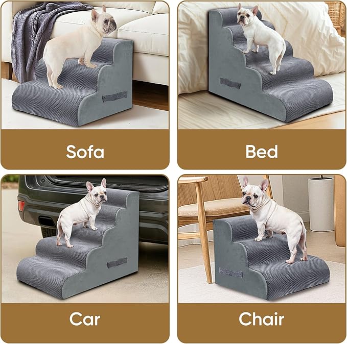 PAWSCART Dog Stairs for Small Pets, 15.7" H with 30D Material Soft Foam, Portable Ramp Non-Slip Surface Non-Slip for Couch and High Bed Climbing, 3-Step Stairs for Cat or Dog, Grey