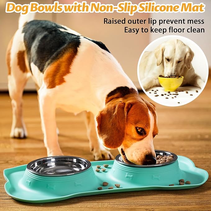 Hubulk Pet Dog Bowls 2 Stainless Steel Dog Bowl with No Spill Non-Skid Silicone Mat + Pet Food Scoop Water and Food Feeder Bowls for Feeding Small Medium Large Dogs Cats Puppies (X-Large, Mint Green)…