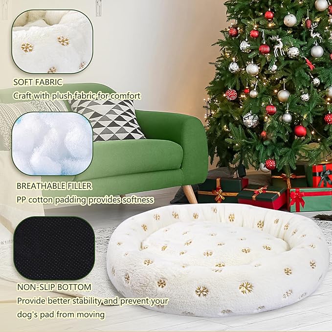 39 Inch Christmas Snowflakes Calming Dog Bed for Large Dogs, Round Anti-Anxiety Warm Bed, Soft Cozy Anti-Slip Donut Washable Pet Bed, Fits up to 100 lbs Pets
