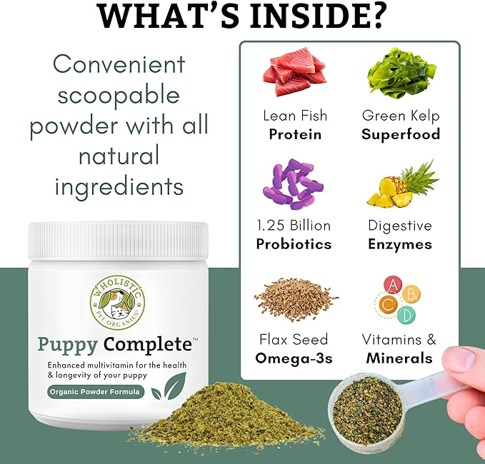 Wholistic Pet Organics Puppy Complete - Dog Multivitamin Powder - Daily Dog Vitamins and Supplements for Homemade Food - Immune System, Skin, Coat & Overall Health - All Breeds of Puppies - 45 Scoops