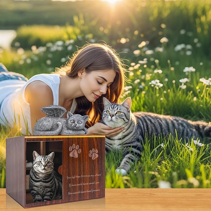 Cat Urn for Ashes - Large Wooden Texture Acrylic Memorial Urn with Angel Cat Statue, Pet Urns for Cats Ashes Keepsake Box - Sympathy Remembrance Gift for Loss of Beloved Pet Urns for Cats