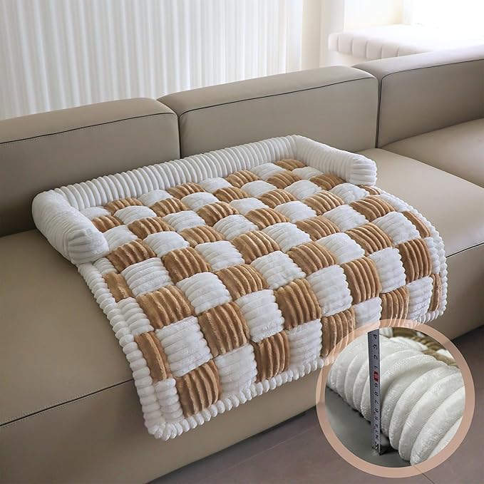 Couch Covers for Dogs and Cats, Fuzzy Dog Sofa bed with Cream Square Plaid, Plush Pet Couch Cover Bed, Thickened Quilted Furniture Protector Mat for Large Medium Pets (Light Brown 35.43"*35.43")