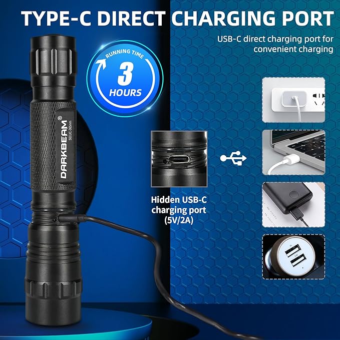 DARKBEAM Flashlight UV 395nm Black Light, Mini & Powerful Wood’s Lamp USB -C LED Rechargeable Blacklight, 10W Portable Pet Dog Urine Detector - Resin Curing, Fluorescent, Scorpion Detection