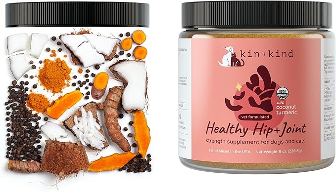 kin+kind Hip and Joint Supplement for Dogs & Cats – Vet Formulated Natural Joint Support with Organic Turmeric, Black Pepper & Coconut – Dog Essentials & Cat Essentials – Made in USA – 8 oz (Large)