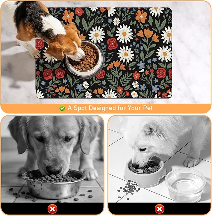 Dog Cat Food Mat - Absorbent Quick Dry Dog Bowl Mats for Food and Water, Anti Slip Cat Feeding Placemat for Floors, Diatomite Pet Dish Matts Accessories Supplies, Floral Style, 16 * 24n