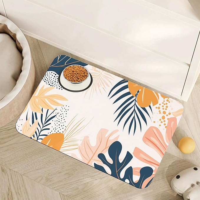 Boho Tropical Leaves Dog Food Mat for Floors,Absorbent Pet Food and Water Bowl Mats,Non-Slip Pet Feeding Mat,Pet Supplies 16" x 24"