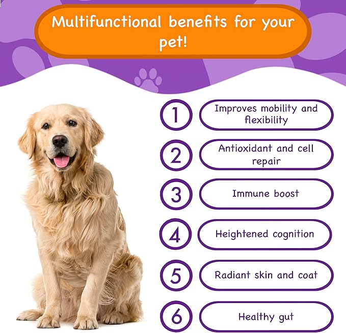Multifunctional Dog Supplements and Vitamins, Silymarin, Green Lipped Mussel, Glucosamine, MSM, Salmon Oil, Probiotics, Co-Q10, NMN, Antioxidant, Immune, Gut, UTI, Radiant Skin & Coat