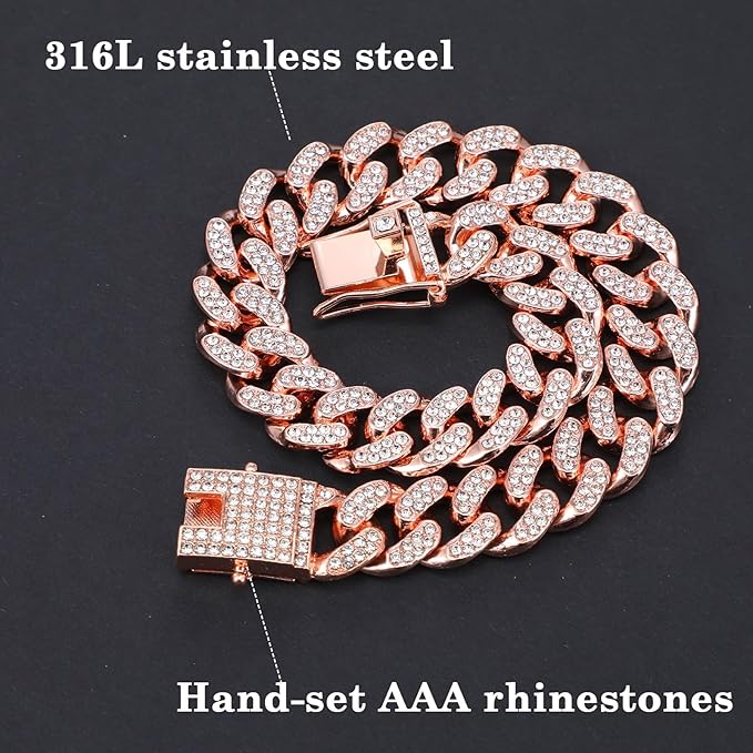 Amabro Diamond Cat Chain Collar, Metal Cuban Link Dog Collar with Secure Buckle Cat Pet Necklace Chain Pet Collar Jewelry Accessories for Small Medium Dogs Cats Puppy Kittens (Rose Gold, 10 inch)